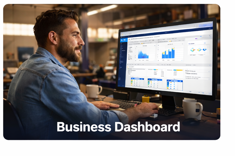 Clarity-GMS business dashboard shown in a working garage